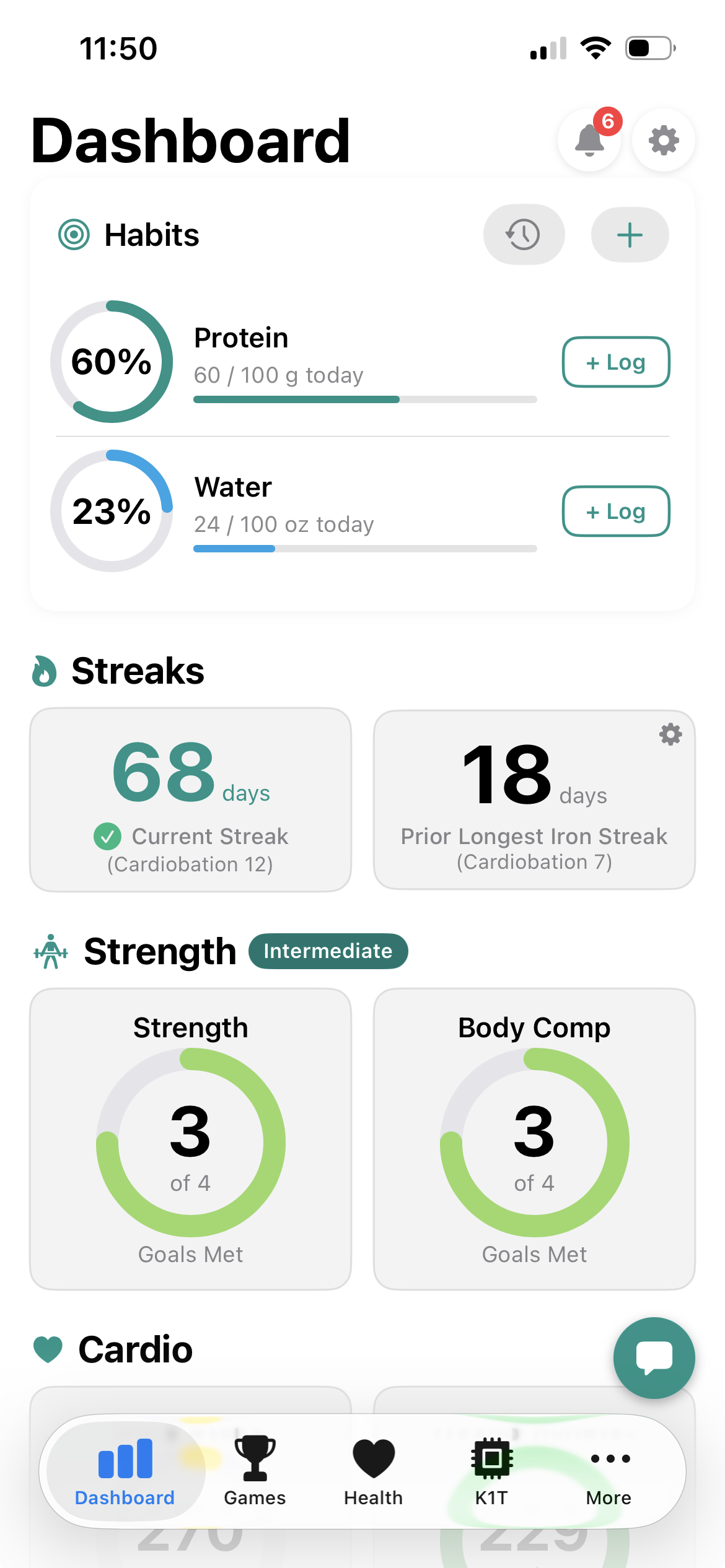 Thrivemoor dashboard with habits, streaks, strength, and body composition goals